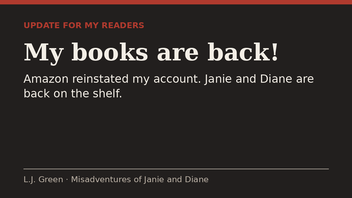 Dark graphic reading Update for my readers: My books are back! Amazon reinstated my account. Janie and Diane are back on the shelf.